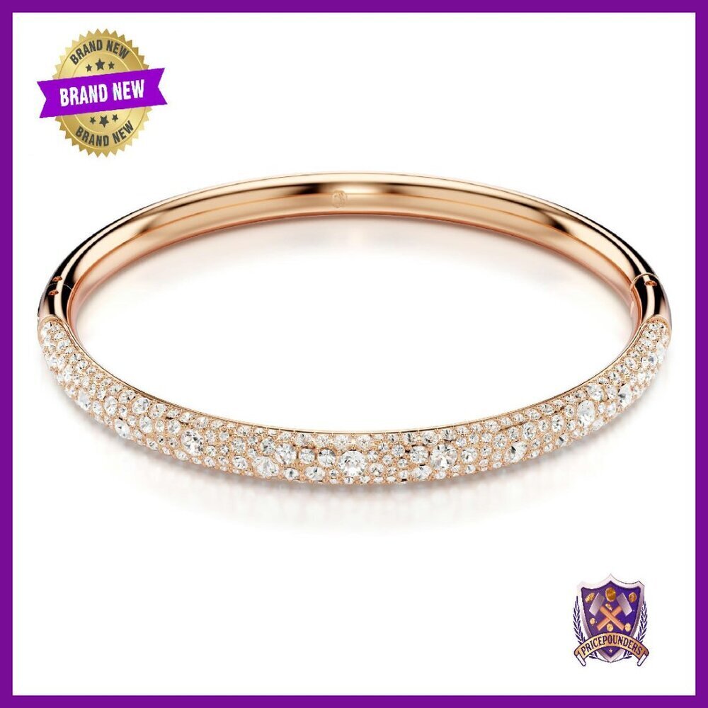 Rose Gold Crystal Bangle Bracelet, Snow Pave Design, Size Medium